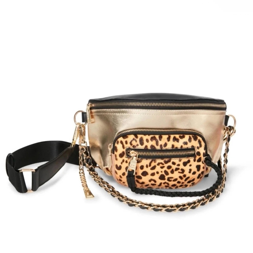 Steve Madden Metallic Gold Leopard Accent Crossbody Belt Bag